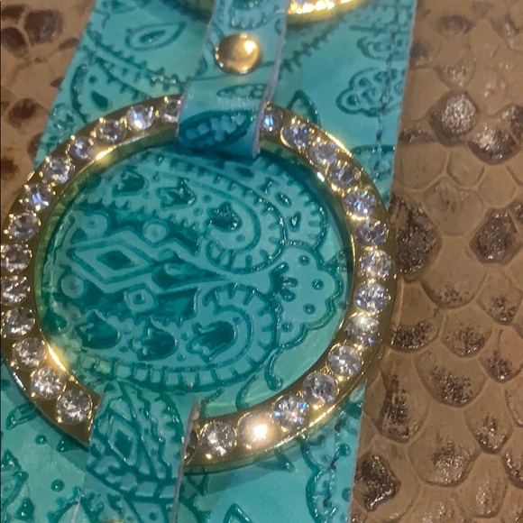 Charm and Luck rhinestone leather Leopard print bag green turquoise trim - Picture 5 of 8